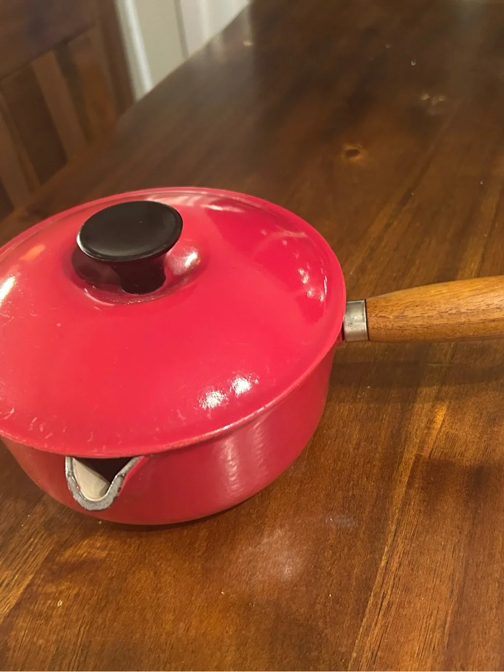 Le Creuset Red Enamel Pouring Saucepans with Wooden Handle